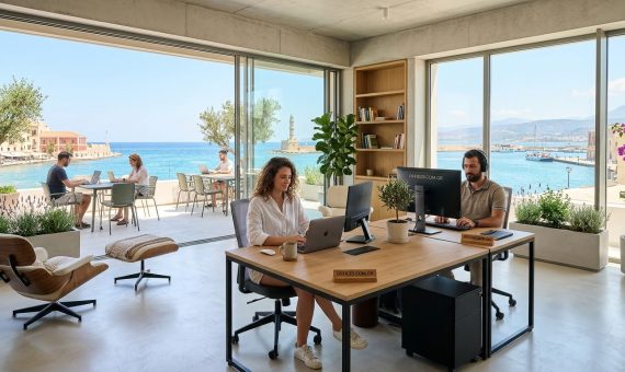 Coworking space in Crete with professionals working by the sea / Χώρος coworking στην Κρήτη με επαγγελματίες δίπλα στη θάλασσα
