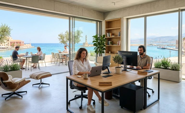 Coworking space in Crete with professionals working by the sea / Χώρος coworking στην Κρήτη με επαγγελματίες δίπλα στη θάλασσα