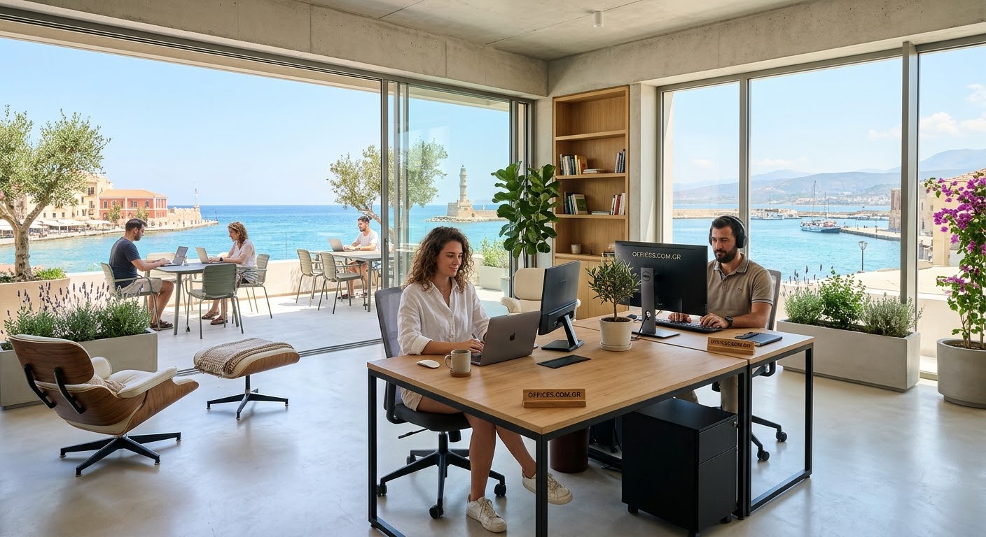 Coworking space in Crete with professionals working by the sea / Χώρος coworking στην Κρήτη με επαγγελματίες δίπλα στη θάλασσα